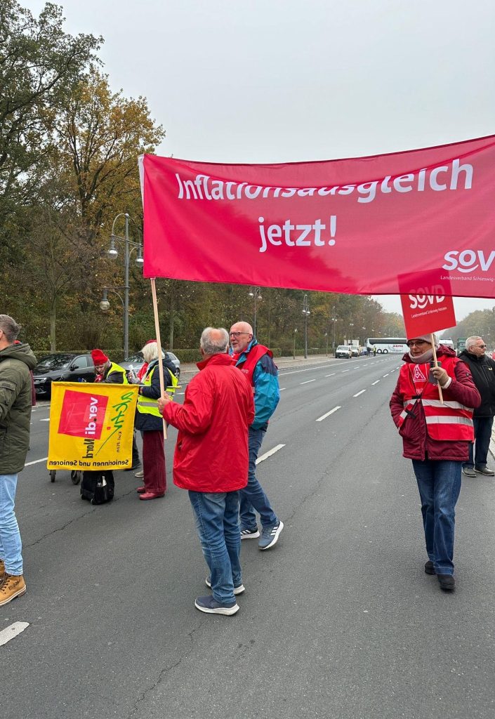 Menschen mit Transparent, Fahnen, Schild. Im Hintergund eine gerade Straße, entfernt stehen Busse und Autos.